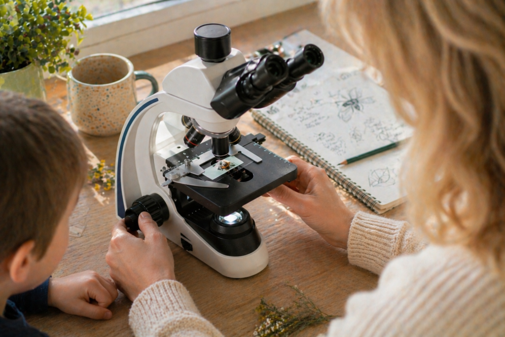Rodič s dítětem pozorují vzorek hmyzu pod mikroskopem v domácím prostředí