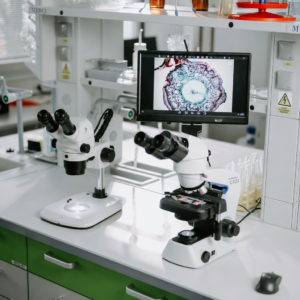Biologický mikroskop s monitorem a stereomikroskop na laboratorním stole