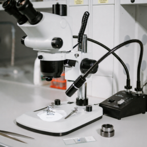 Stereomikroskop s osvětlením na laboratorním pracovním stole s pinzetou, sklíčkem a drobným příslušenstvím připraveným pro pozorování.