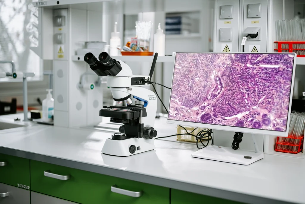 Mikroskop Olympus s vestavnou kamerou a obrazem preparátu na externím monitoru